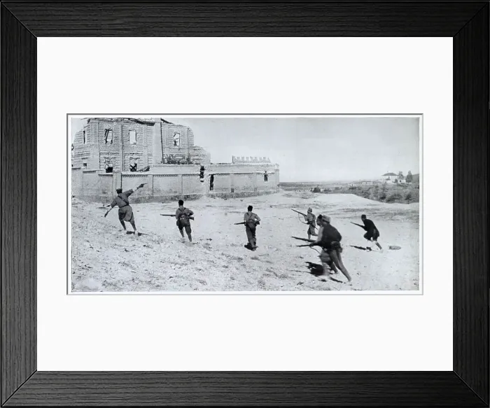 Framed Print : Photograph showing a Nationalist infantry unit, led by their officer (on left, with pistol), running across open ground towards a ruined house during the Spanish Civil War, 1936. This photograph was probably taken on the frontline south of Madrid Framed Print : Photograph showing a Nationalist infantry unit, led by their officer (on left, with pistol), running across open ground towards a ruined house during the Spanish Civil War, 1936. This photograph was probably taken on the frontline south of Madrid
