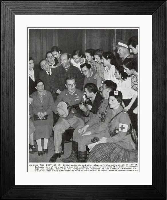 Framed Print : A sing-song in the British Embassy at Madrid, during the early stages of the Spanish Civil War, 1936. A number of British citizens in Madrid had sought refuge in the Embassy Framed Print : A sing-song in the British Embassy at Madrid, during the early stages of the Spanish Civil War, 1936. A number of British citizens in Madrid had sought refuge in the Embassy