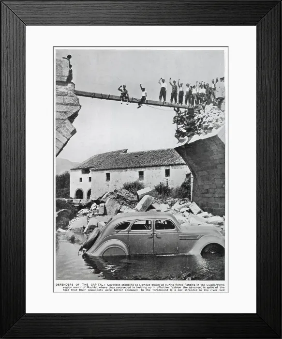 Framed Print : A triumphant group of Republican standing on the remains of a bridge in the Guadarrama region of Spain, during the Spanish Civil War. The bridge had been blown up in fierce fighting between the Republicans and the Nationalists Framed Print : A triumphant group of Republican standing on the remains of a bridge in the Guadarrama region of Spain, during the Spanish Civil War. The bridge had been blown up in fierce fighting between the Republicans and the Nationalists