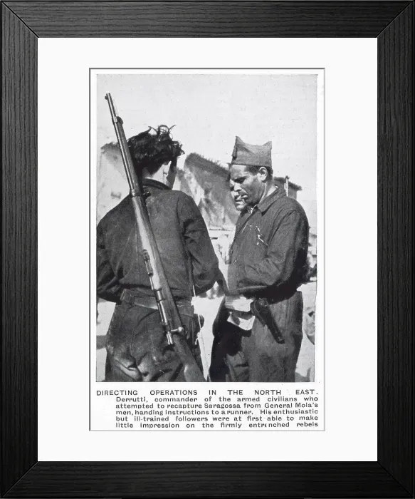 Framed Print : Buenaventura Durruti (1896 - 1936), commander of a Republican anarchist brigade during the Spanish Civil War, giving orders to a runner during the battle for Saragossa, 1936. Date: 1936 Framed Print : Buenaventura Durruti (1896 - 1936), commander of a Republican anarchist brigade during the Spanish Civil War, giving orders to a runner during the battle for Saragossa, 1936. Date: 1936