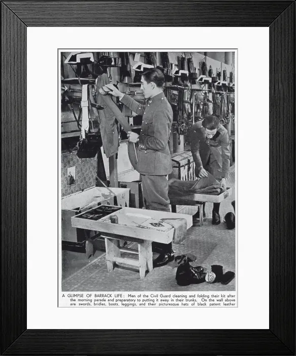 Framed Print : Photograph showing two Civil Guardsmen cleaning their kit in their barracks, Spain, 1936. The Civil Guard were a cross between a military unit and a police force, who worked to maintain peace and order in Spain in both times of war and peace Framed Print : Photograph showing two Civil Guardsmen cleaning their kit in their barracks, Spain, 1936. The Civil Guard were a cross between a military unit and a police force, who worked to maintain peace and order in Spain in both times of war and peace