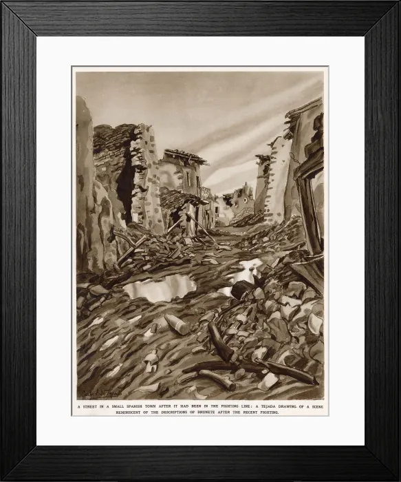 Framed Print : A small war-torn town during the Spanish Civil War, 1937. This illustration was made by an artist attached to Nationalist forces and may be a view of Brunete, which was the scene of extremely heavy fighting in July 1937. Date: 1937 Framed Print : A small war-torn town during the Spanish Civil War, 1937. This illustration was made by an artist attached to Nationalist forces and may be a view of Brunete, which was the scene of extremely heavy fighting in July 1937. Date: 1937