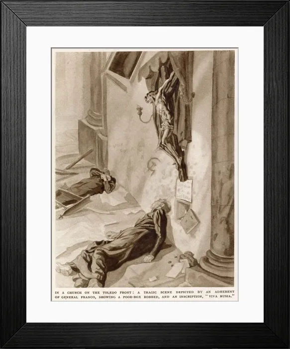 Framed Print : A scene in a church, with the priests dead and the poor-box robbed, during the Spanish Civil War. On the wall, a hammer and sickle motif and the legend Viva Russia has been painted Framed Print : A scene in a church, with the priests dead and the poor-box robbed, during the Spanish Civil War. On the wall, a hammer and sickle motif and the legend Viva Russia has been painted
