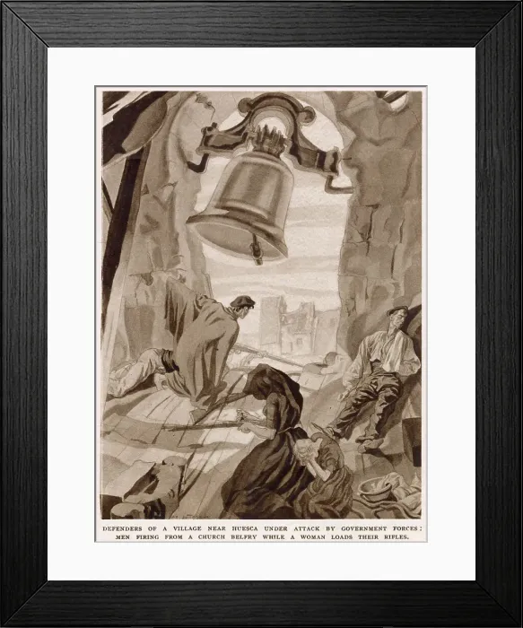 Framed Print : Two Nationalist soldiers firing their weapons from a bell tower, with a woman reloading their rifles, during the Spanish Civil War, 1937. This illustration was made by a Nationalist supporter in a village near Huesca. Date: 1937 Framed Print : Two Nationalist soldiers firing their weapons from a bell tower, with a woman reloading their rifles, during the Spanish Civil War, 1937. This illustration was made by a Nationalist supporter in a village near Huesca. Date: 1937