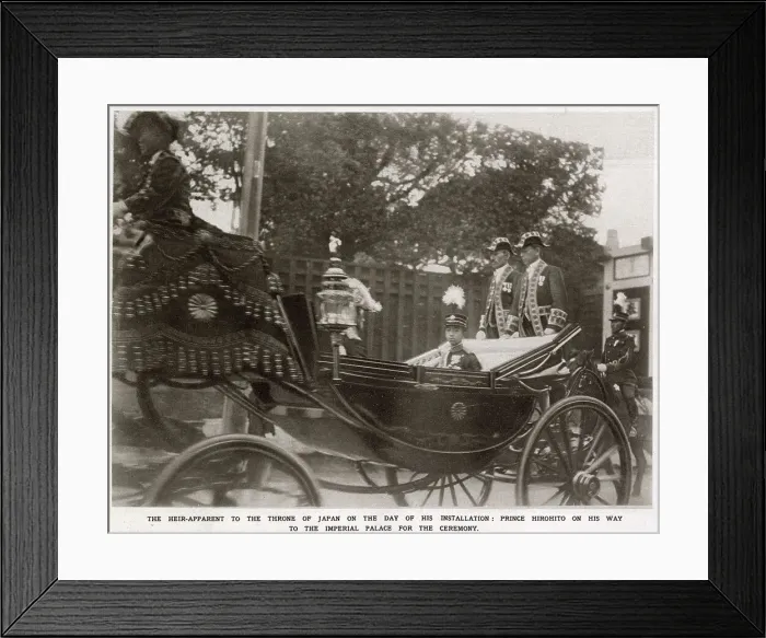 Framed Print : Prince Hirohito (1901 - 1989), in his carriage on the way to be formally installed as Heir to the Throne, 3rd November 1916. The eldest son of Emperor Taisho, he became the 124th Emperor of Japan, in 1926, on the death of his father. Date: 1916 Framed Print : Prince Hirohito (1901 - 1989), in his carriage on the way to be formally installed as Heir to the Throne, 3rd November 1916. The eldest son of Emperor Taisho, he became the 124th Emperor of Japan, in 1926, on the death of his father. Date: 1916