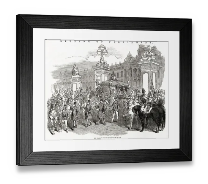 Framed Print : Procession of guards, footmen and carriage carrying Queen Victoria to the State Opening of Parliament, leaving Buckingham Palace. Date: 1851 Framed Print : Procession of guards, footmen and carriage carrying Queen Victoria to the State Opening of Parliament, leaving Buckingham Palace. Date: 1851