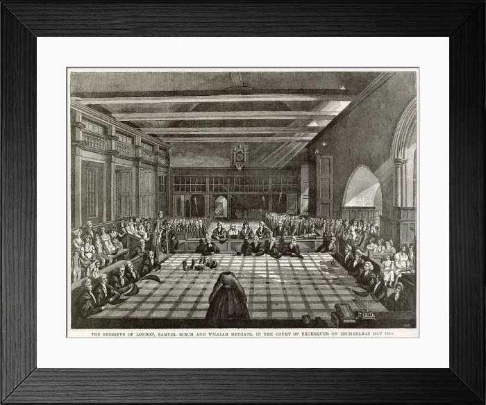 Framed Print : Sheriffs of London, Samuel Birch and William Heygate, in the Court of the Exchequer on Michaelmas Day. Date: 1811