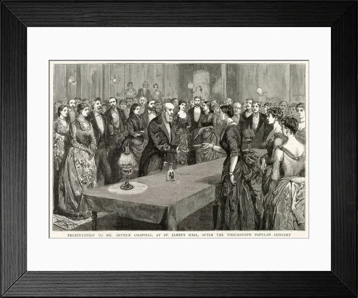 Framed Print : Presentation to Mr. S. Arthur Chappell, director of the St. James's Hall series of Popular Concerts, receiving a presentation after the thousandth Popular Concert. Date: 1887 Framed Print : Presentation to Mr. S. Arthur Chappell, director of the St. James's Hall series of Popular Concerts, receiving a presentation after the thousandth Popular Concert. Date: 1887