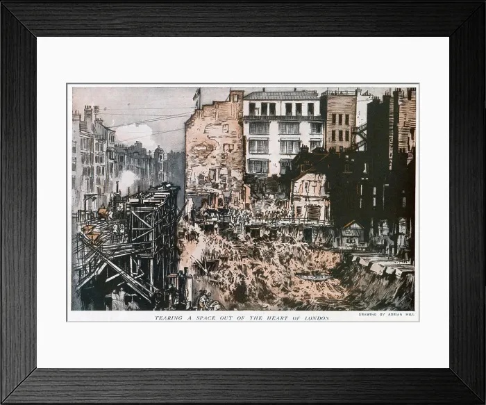 Framed Print : Demolition works underway on a site in Oxford Street, London. The old building was being torn down to make way for a new department store. Date: 1920 Framed Print : Demolition works underway on a site in Oxford Street, London. The old building was being torn down to make way for a new department store. Date: 1920
