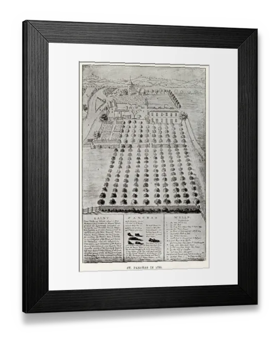 Framed Print : Gardens and buildings at St. Pancras, then just outside London. Date: 1730 Framed Print : Gardens and buildings at St. Pancras, then just outside London. Date: 1730
