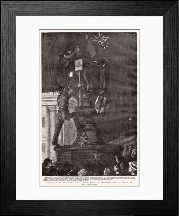Framed Print : A policeman trying to get down some over-enthusiastic people, celebrating the relief of Mafeking, from the fountain in Piccadilly, London. Date: 1900 Framed Print : A policeman trying to get down some over-enthusiastic people, celebrating the relief of Mafeking, from the fountain in Piccadilly, London. Date: 1900