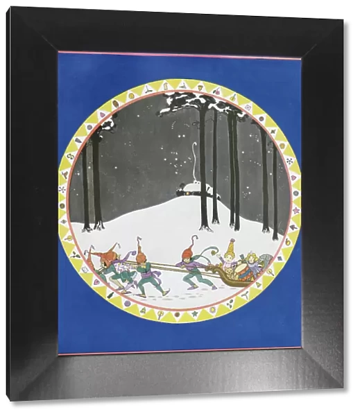 A plate design showing elves pulling a sleigh filled with toys through a wood. Date: Christmas Number 1923