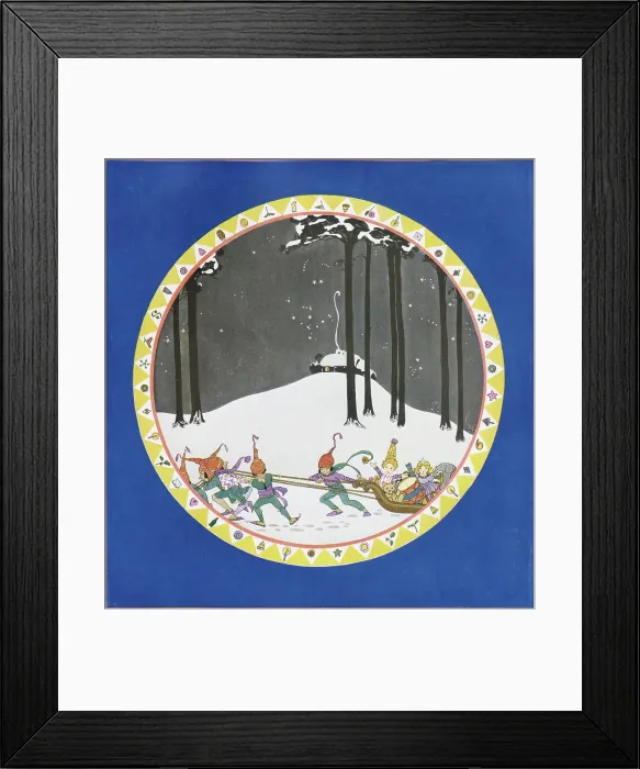 Framed Print : A plate design showing elves pulling a sleigh filled with toys through a wood. Date: Christmas Number 1923 Framed Print : A plate design showing elves pulling a sleigh filled with toys through a wood. Date: Christmas Number 1923