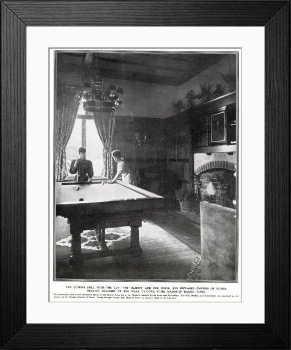 Framed Print : Queen Alexandra and her sister the Dowager Empress Marie of Russia playing billiards in 1907 at their home, the Villa Hvidore near Copenhagen. Date: 1907 Framed Print : Queen Alexandra and her sister the Dowager Empress Marie of Russia playing billiards in 1907 at their home, the Villa Hvidore near Copenhagen. Date: 1907