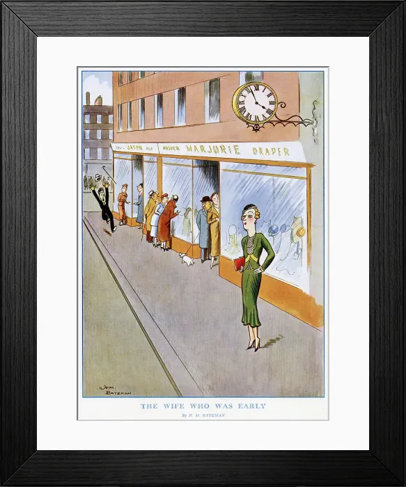 Framed Print : A wife who is unusually early alarming her husband. Bateman (1887-1970) was a popular artist and regularly contributed to the Sketch, the Tatler and the Bystander Framed Print : A wife who is unusually early alarming her husband. Bateman (1887-1970) was a popular artist and regularly contributed to the Sketch, the Tatler and the Bystander
