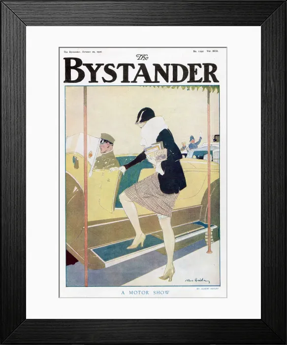 Framed Print : Illustration of an elegant woman getting into her car at a motor show, clutching a brace of car brochures and magazines. As she enters the car, a garter can just be glimpsed peeping from her skirt. Date: 1926 Framed Print : Illustration of an elegant woman getting into her car at a motor show, clutching a brace of car brochures and magazines. As she enters the car, a garter can just be glimpsed peeping from her skirt. Date: 1926