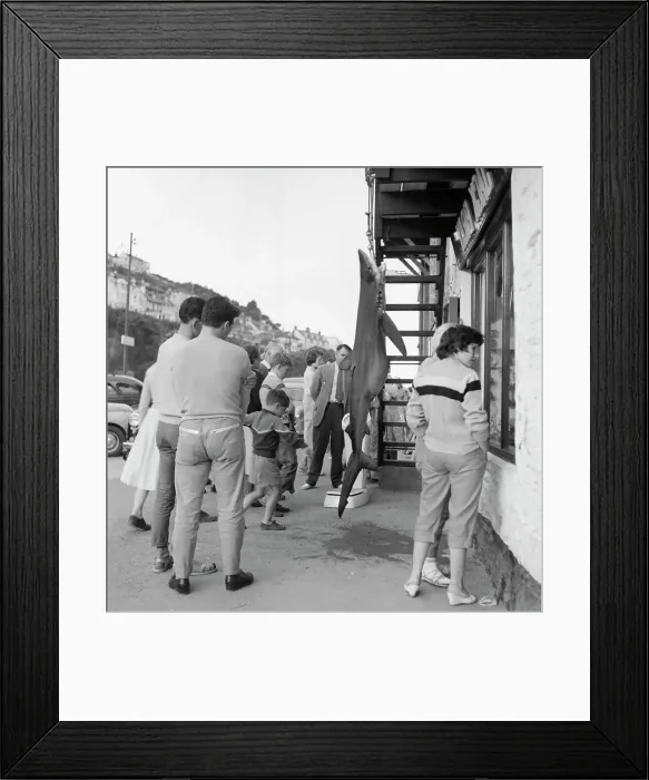 Framed Print : Dead shark and window-shopping holidaymakers Framed Print : Dead shark and window-shopping holidaymakers