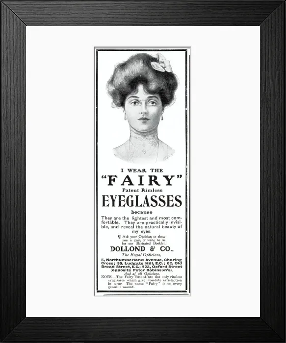 Framed Print : Woman wearing patent Fairy eyeglasses, dainty, light, comfortable and rimless specs. Date: 1907