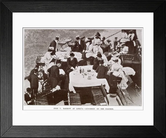 Framed Print : Edwardian men an women sitting on top of the coaches having luncheon, finely laid out with white tablecloths. Date: 1907 Framed Print : Edwardian men an women sitting on top of the coaches having luncheon, finely laid out with white tablecloths. Date: 1907
