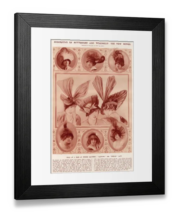 Framed Print : Women wearing hats trimmed with large bows resembling butterfiles wings or windmills. Date: 1913 Framed Print : Women wearing hats trimmed with large bows resembling butterfiles wings or windmills. Date: 1913