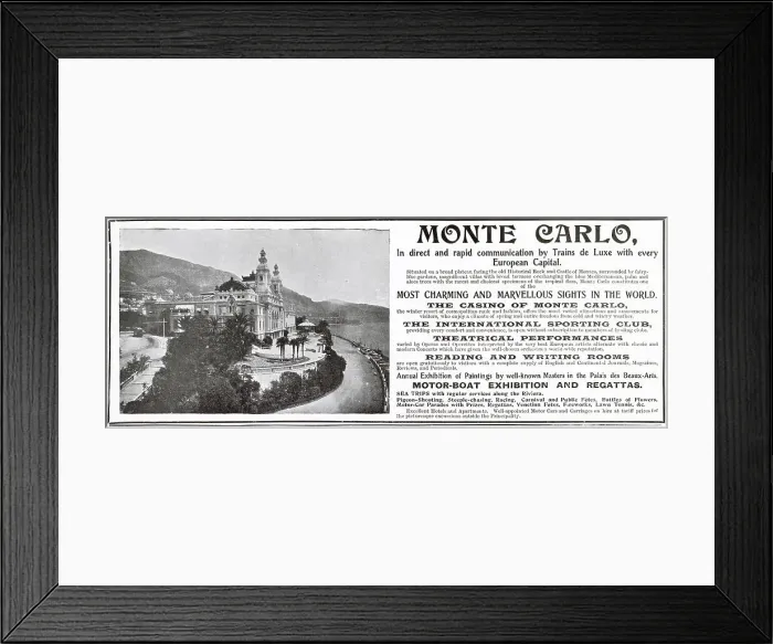 Framed Print : Advertisement for Monte Carlo on the fashionable French Riviera. Date: 1906 Framed Print : Advertisement for Monte Carlo on the fashionable French Riviera. Date: 1906