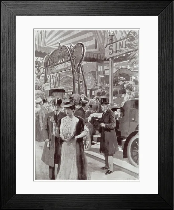 Framed Print : Men and women looking around the stands at the Olympia Motor show in London. Date: 1906 Framed Print : Men and women looking around the stands at the Olympia Motor show in London. Date: 1906