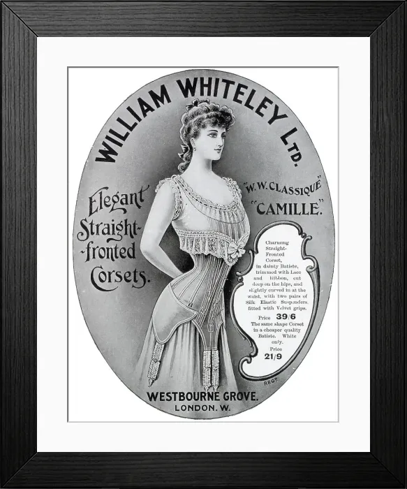 Framed Print : Advertisement for William Whiteley elegant straight fronted corset. Date: 1906 Framed Print : Advertisement for William Whiteley elegant straight fronted corset. Date: 1906