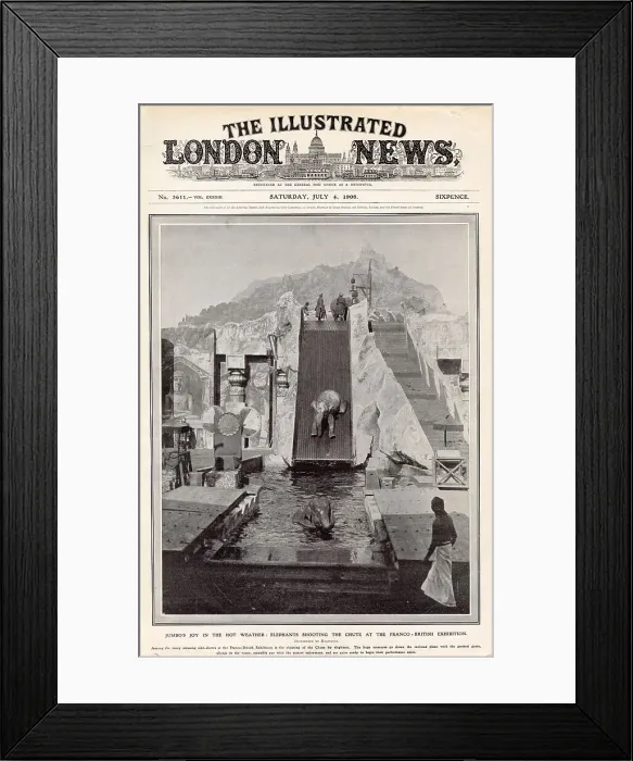 Framed Print : Jumbo's joy in the hot weather: Elephants shooting the chute at the Franco-British Exhibition held at White City, London 1908 Date: 1908 Framed Print : Jumbo's joy in the hot weather: Elephants shooting the chute at the Franco-British Exhibition held at White City, London 1908 Date: 1908