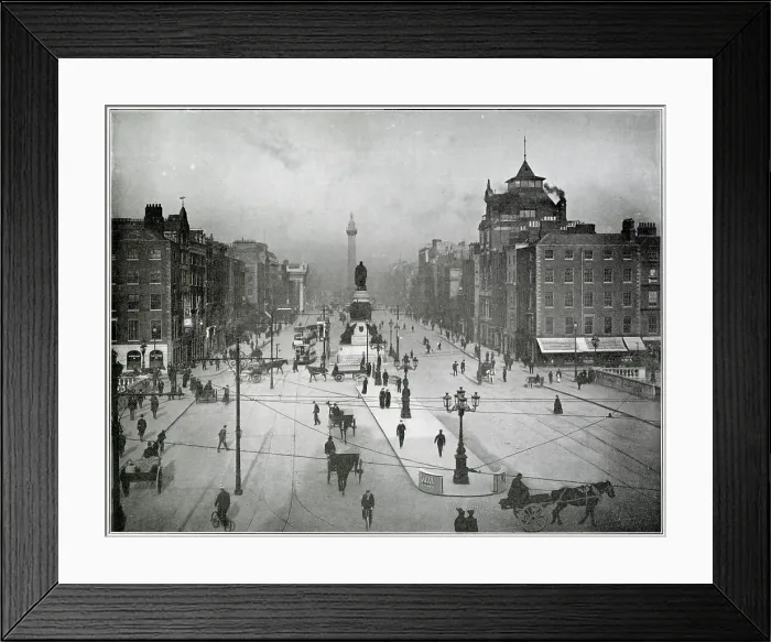 Framed Print : Photograph taken from O'connell Bridge looking towards O'connell Statue and beyond Nelson's Pillar. Date: late 1890s Framed Print : Photograph taken from O'connell Bridge looking towards O'connell Statue and beyond Nelson's Pillar. Date: late 1890s