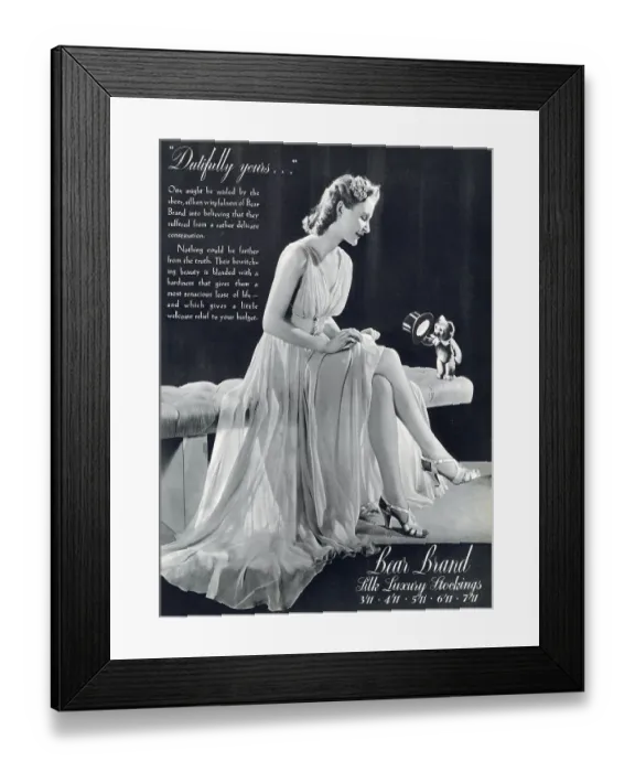 Framed Print : Dutifully yours Silk luxury stockings. Date: 1940 Framed Print : Dutifully yours Silk luxury stockings. Date: 1940