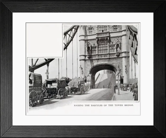 Framed Print : Tower Bridge opening its bascules to let tall ships go past. Date: 1900 Framed Print : Tower Bridge opening its bascules to let tall ships go past. Date: 1900