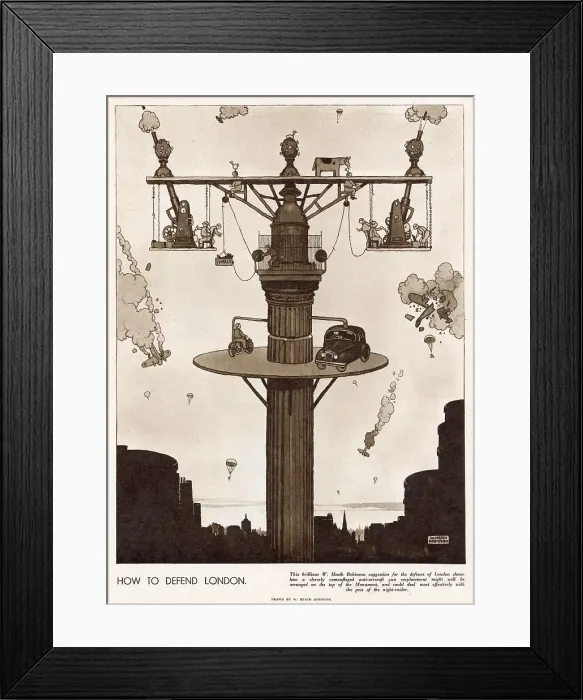 Framed Print : Suggestion by William Heath Robinson for defence of London, a spinning platform land with camouflaged anti-aircraft guns. Date: 1941 Framed Print : Suggestion by William Heath Robinson for defence of London, a spinning platform land with camouflaged anti-aircraft guns. Date: 1941