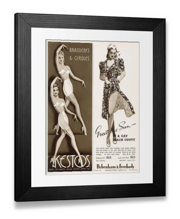 Framed Print : Two adverts from Kestos, brassieres and girdles and Debenham & Freebody beach outfit. Date: May 1940