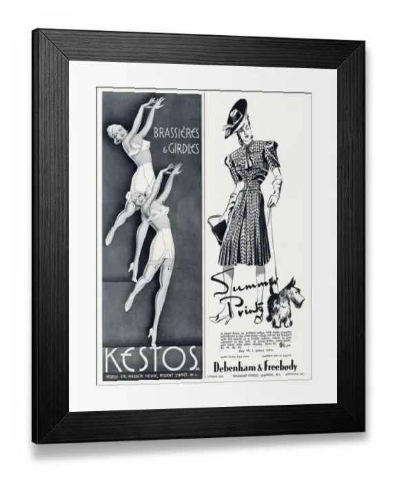 Framed Print : Two adverts from Kestos, brassieres and girdles and Debenham & Freebody smart printed frock. Date: May 1940 Framed Print : Two adverts from Kestos, brassieres and girdles and Debenham & Freebody smart printed frock. Date: May 1940