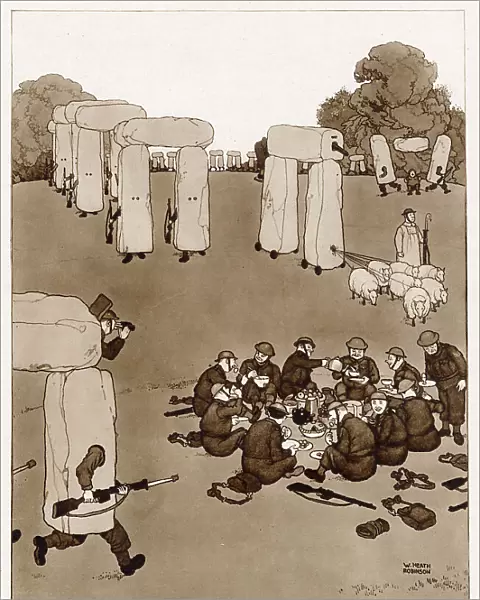 William Heath Robinson drawing showing soldiers unaware of the camouflaged famous Stonehenge moving around in Wiltshire. Date: 1941