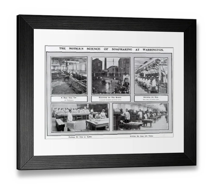 Framed Print : Various stages in order of making the palm oil and vegetable fats into a finely-scented eramic soap in Joseph Crosfield & Sons, Soap Works at Bank Quarry, Warrington, Cheshire. Date: 1907 Framed Print : Various stages in order of making the palm oil and vegetable fats into a finely-scented eramic soap in Joseph Crosfield & Sons, Soap Works at Bank Quarry, Warrington, Cheshire. Date: 1907