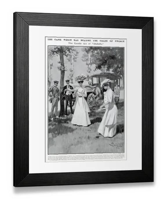 Framed Print : Two women playing Diabolo in France while a mechanic fixes their car. Date: 1907 Framed Print : Two women playing Diabolo in France while a mechanic fixes their car. Date: 1907