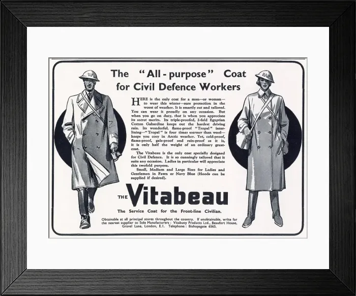 Framed Print : Advertisement for all purpose Civil Defence workers coat for the winter months. Date: 1941 Framed Print : Advertisement for all purpose Civil Defence workers coat for the winter months. Date: 1941