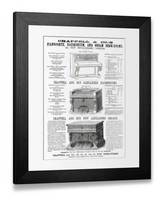 Framed Print : Advert for Chappell & Co.s musical instruments 1875 Framed Print : Advert for Chappell & Co.s musical instruments 1875
