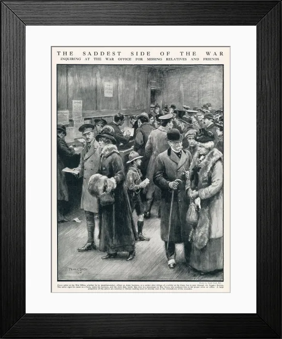 Framed Print : Relatives and friends at the War Office trying to inquires about missing soldiers at the front. Date: 1916 Framed Print : Relatives and friends at the War Office trying to inquires about missing soldiers at the front. Date: 1916