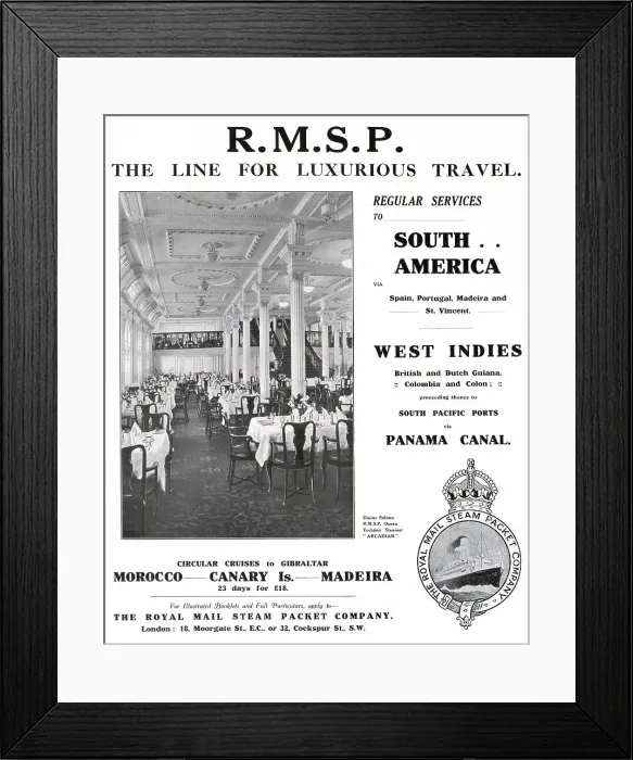 Framed Print : Advert for R. M. S. P. Luxurious Travel 1915 Framed Print : Advert for R. M. S. P. Luxurious Travel 1915