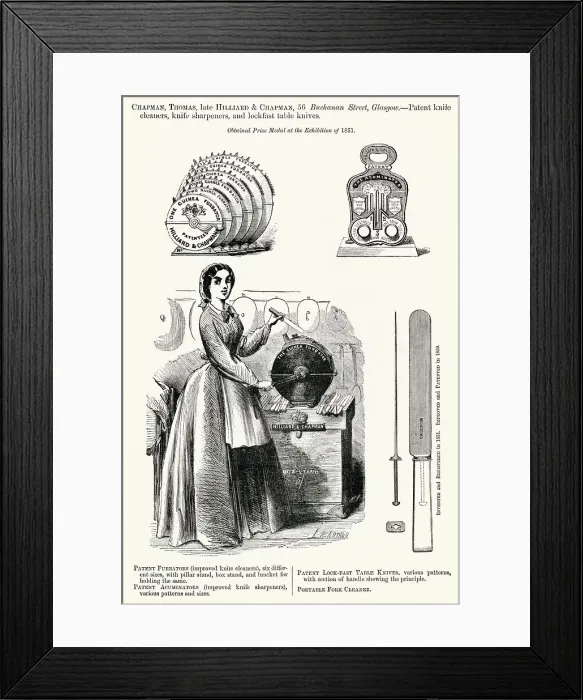 Framed Print : Hilliard & Chapman, free standing patent knife polishing and sharpening with six different sizes. Date: 1862 Framed Print : Hilliard & Chapman, free standing patent knife polishing and sharpening with six different sizes. Date: 1862