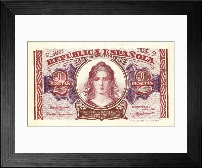 Framed Print : 2 pesetas bill (Spain, 1938) Framed Print : 2 pesetas bill (Spain, 1938)