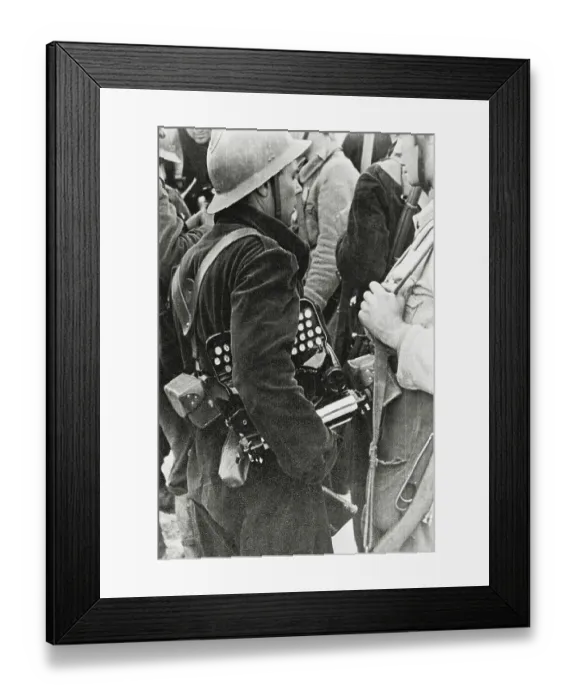 Framed Print : Spanish Civil War (1936-1939). Soldier with typewriterr Framed Print : Spanish Civil War (1936-1939). Soldier with typewriterr