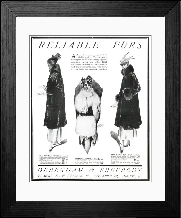 Framed Print : Advertisement for a range of fur winter coats, made from seal musquash, white fox fur and seal musquash coat with skunk collar and cuffs. Date: 1915 Framed Print : Advertisement for a range of fur winter coats, made from seal musquash, white fox fur and seal musquash coat with skunk collar and cuffs. Date: 1915