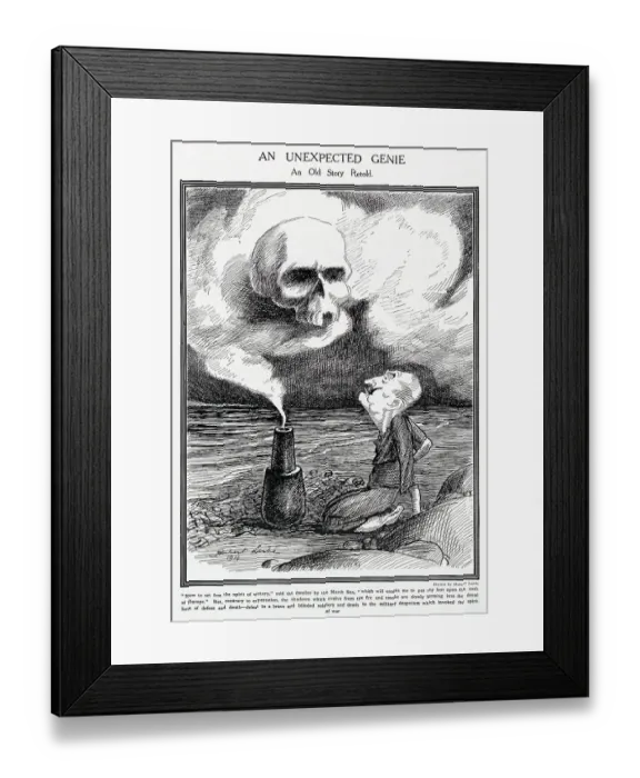 Framed Print : Kaiser Wilhelm II depicted in the role of Aladdin but instead of releasing a genie, he releases the spectre of death through his actions. Date: 1914 Framed Print : Kaiser Wilhelm II depicted in the role of Aladdin but instead of releasing a genie, he releases the spectre of death through his actions. Date: 1914
