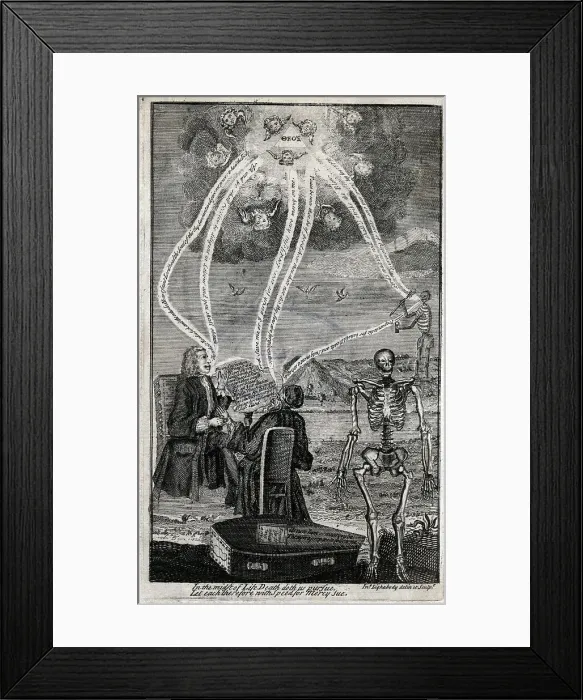 Framed Print : A physician, his patient, a coffin and two skeletons Framed Print : A physician, his patient, a coffin and two skeletons