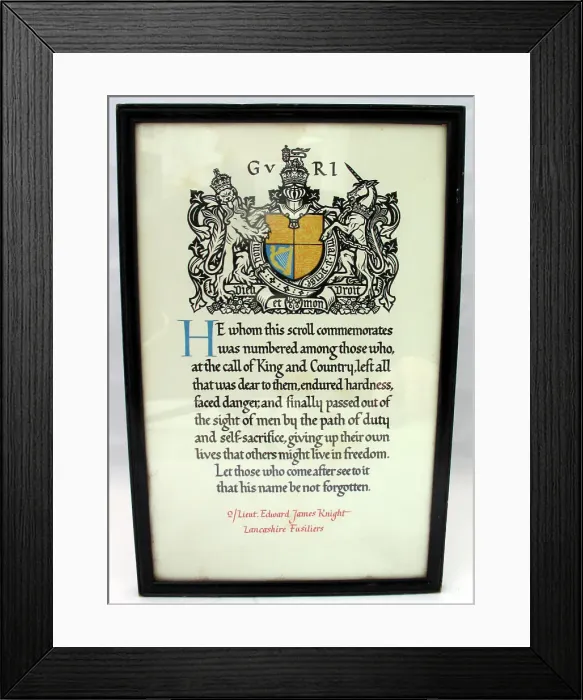 Framed Print : Memorial Scroll and letter - 2nd Lt Edward James Knight Framed Print : Memorial Scroll and letter - 2nd Lt Edward James Knight