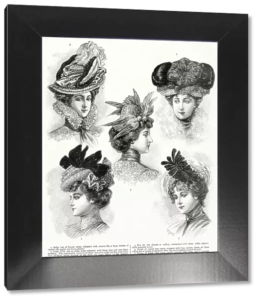 A selection of late Victorian hats for women. Date: 1900