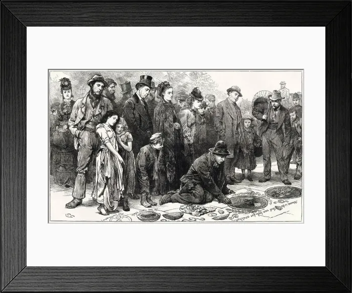 Framed Print : Pavement artist drawing with chalk on the streets of London, with a curious crowd around him. Date: 1874 Framed Print : Pavement artist drawing with chalk on the streets of London, with a curious crowd around him. Date: 1874